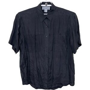 Vintage LEENA STUDIO Washed Black 100% Silk Short Sleeve Button Down Shirt L 90s